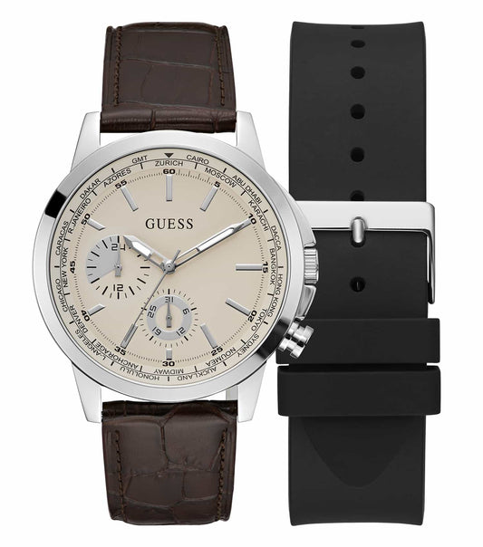 Elegant Guess watch in sleek monochrome, shown from a slightly tilted angle displaying its intricate dial and silver accents.