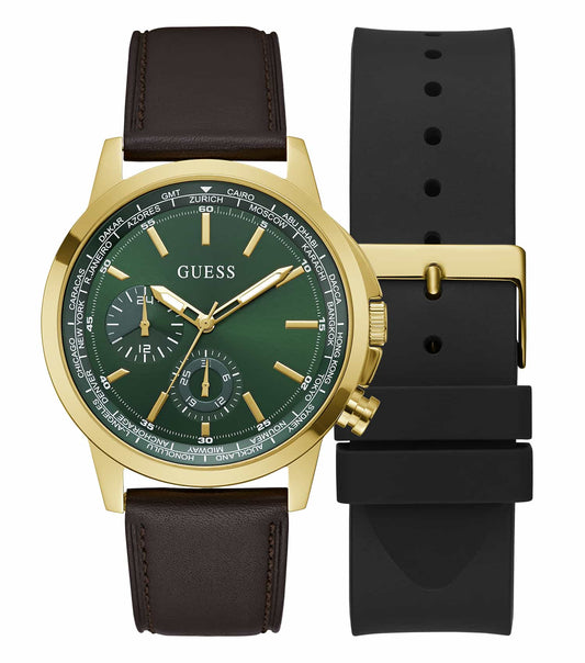 Guess quartz watch with golden bezel and black dial, front angle view showcasing elegant design and sleek leather strap.