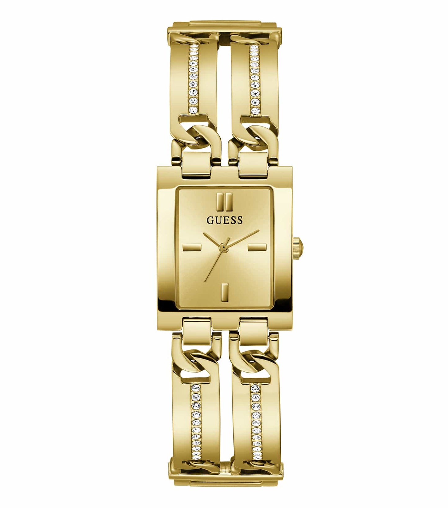 Stunning Guess watch with a gold-tone bracelet and matching dial, beautifully captured front view showcases elegance and style.