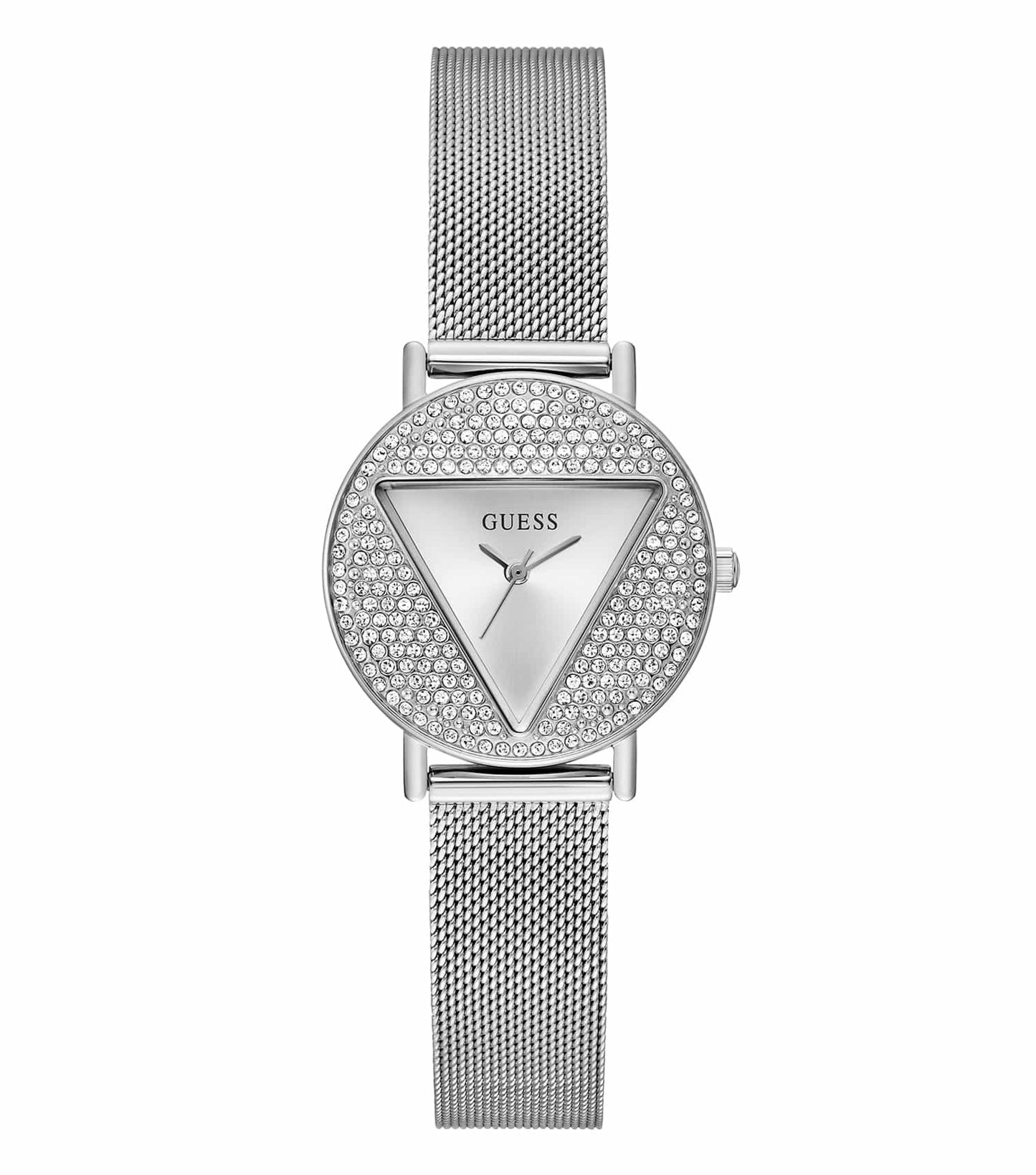 Passionate display of Guess Mini Iconic watch in a vibrant blue hue, angled neatly to showcase its elegant face and metal strap.