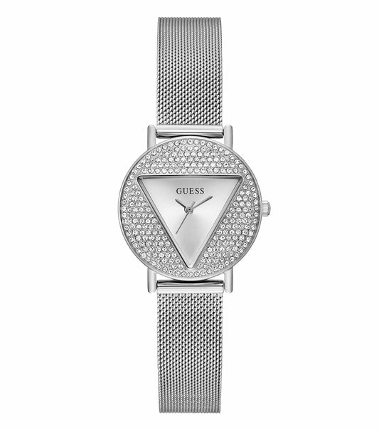 Passionate display of Guess Mini Iconic watch in a vibrant blue hue, angled neatly to showcase its elegant face and metal strap.