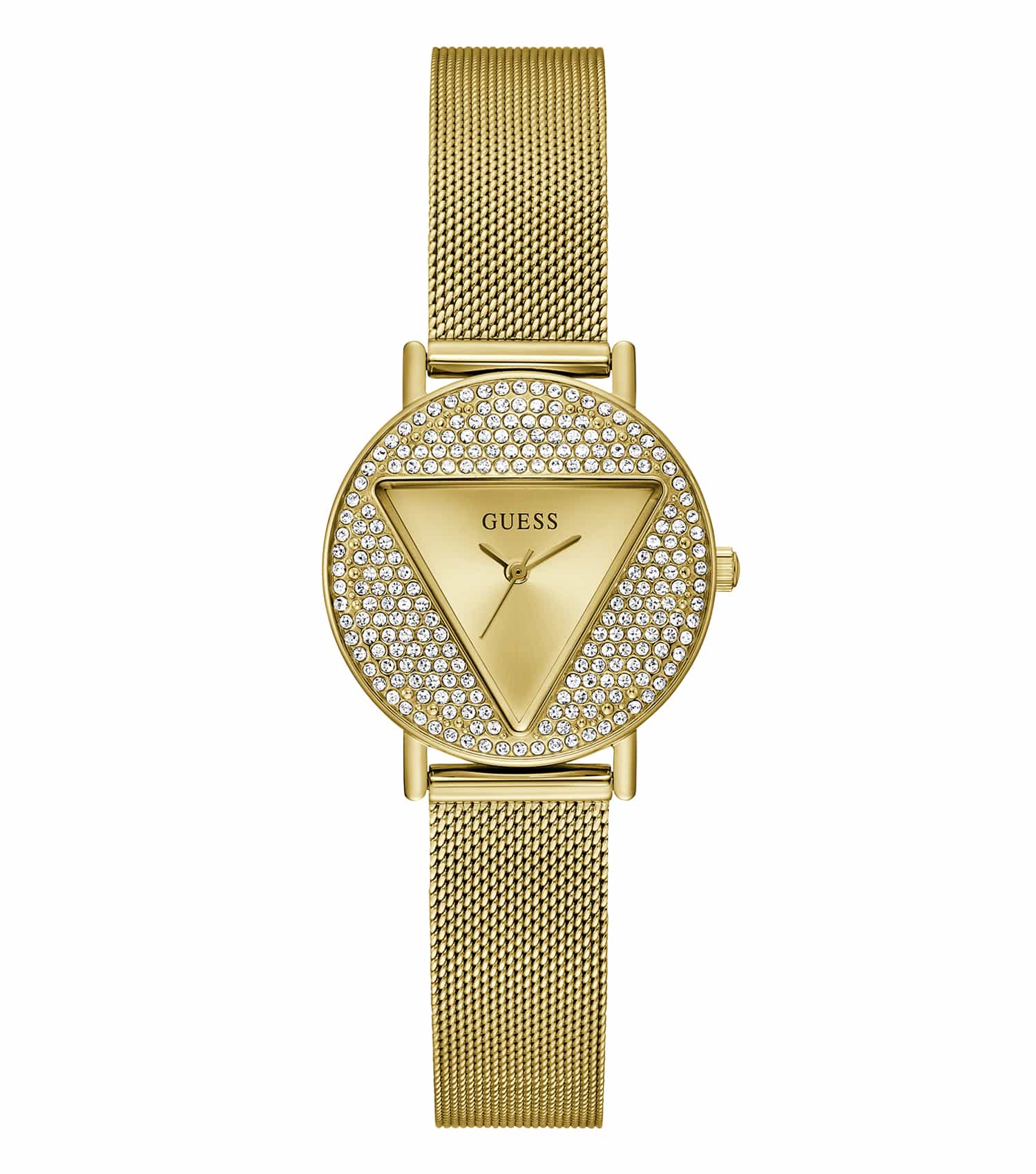 GUESS watch in elegant gold tone, showcasing a minimalist round dial with delicate details at a 30-degree angle view.