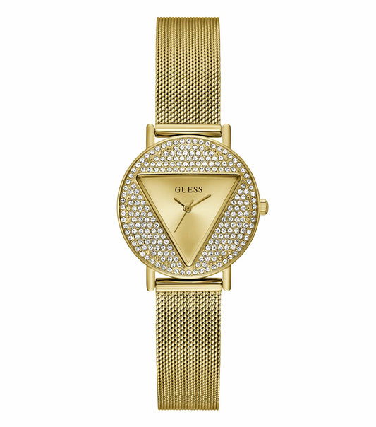 GUESS watch in elegant gold tone, showcasing a minimalist round dial with delicate details at a 30-degree angle view.
