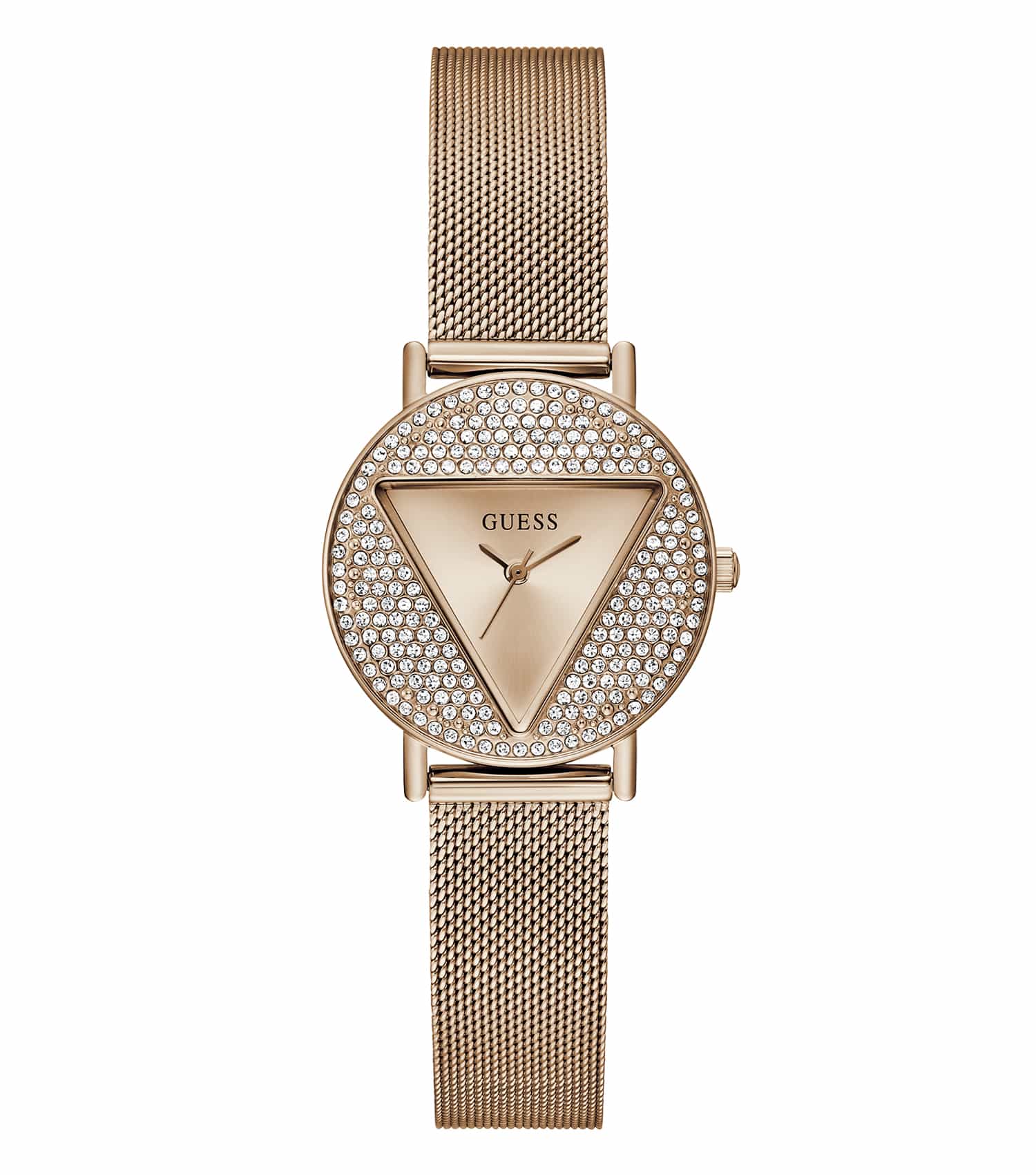 Elegant Guess women's watch with a gold-tone finish, featuring a minimalist watch face and angled side profile view.