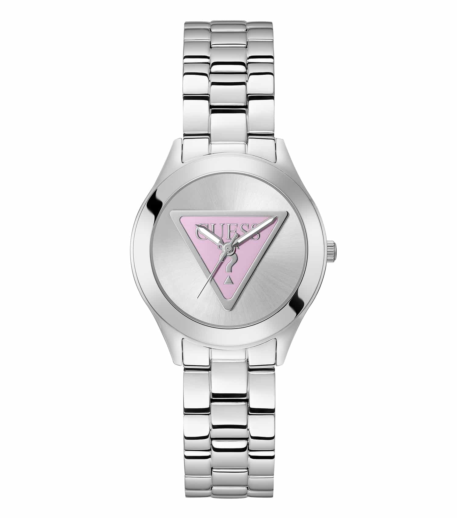 Guess Plaque Color Watch, elegant timepiece showcasing a sleek stainless steel bracelet, photographed at a three-quarter angle.