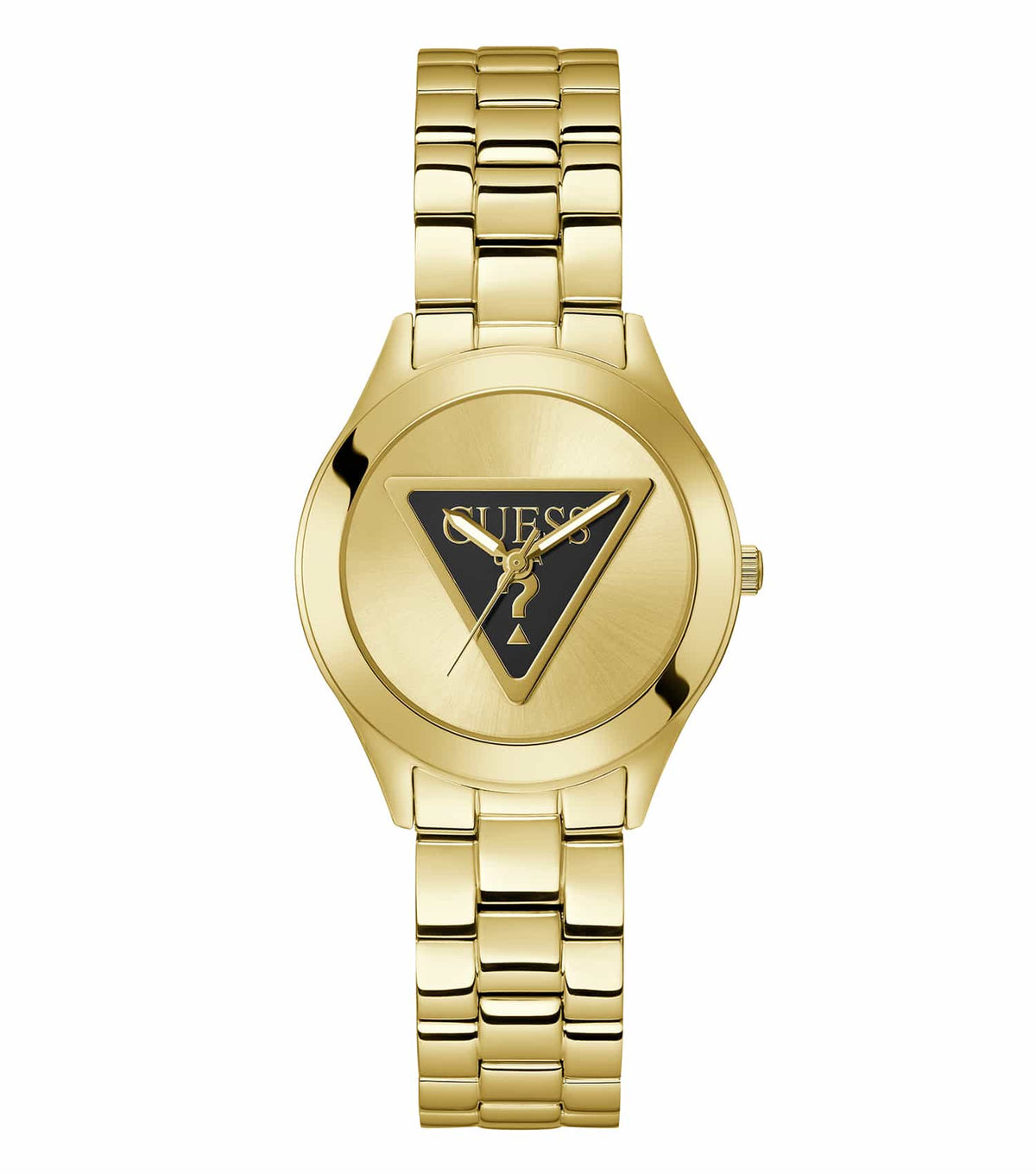 Guess Watch GW0675L2, gold tri-plaque color, elegantly displayed at a 34-degree angle, showcasing chic design and intricate details.