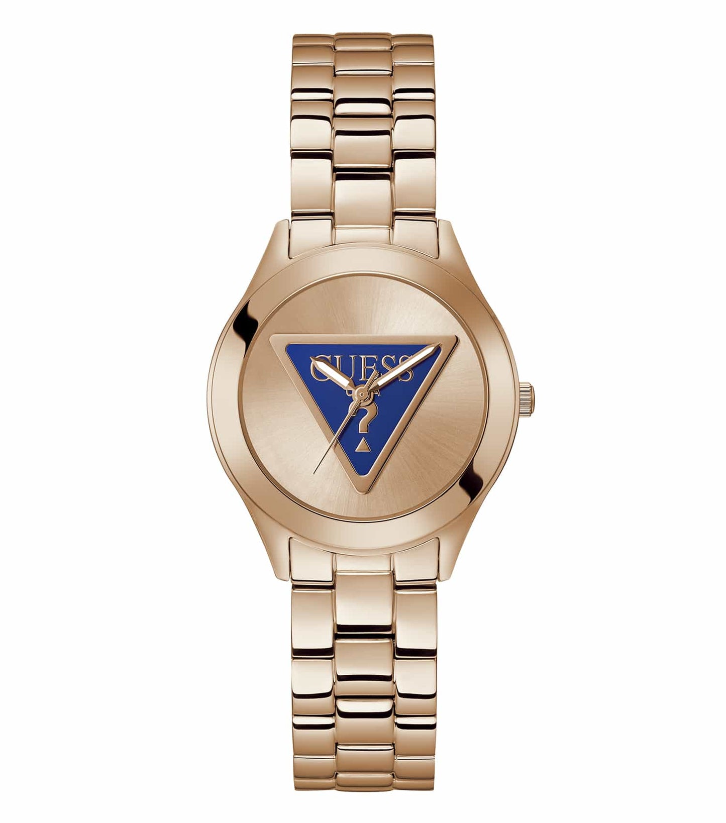 Passionate display of a Guess tri plaque color watch angled at 34 degrees, showcasing a luxurious gold-tone with elegant detailing.