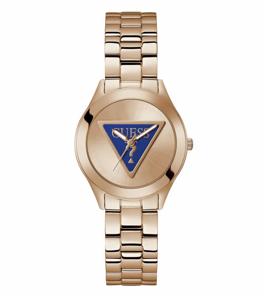 Passionate display of a Guess tri plaque color watch angled at 34 degrees, showcasing a luxurious gold-tone with elegant detailing.