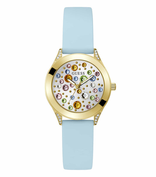 Guess gold-tone ladies' watch with crystal accents, flat-lay view; dazzling elegance in every detail, perfect for fashion enthusiasts.