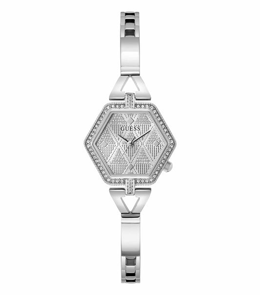 Guess women's silver-tone watch with elegant round face and dazzling dial, showcased in a laid-back front angle.
