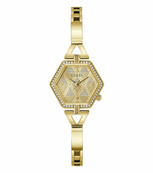 Guess watch in elegant gold tone featuring a sleek design, displayed at a 45-degree angle, showcasing intricate details and craftsmanship.