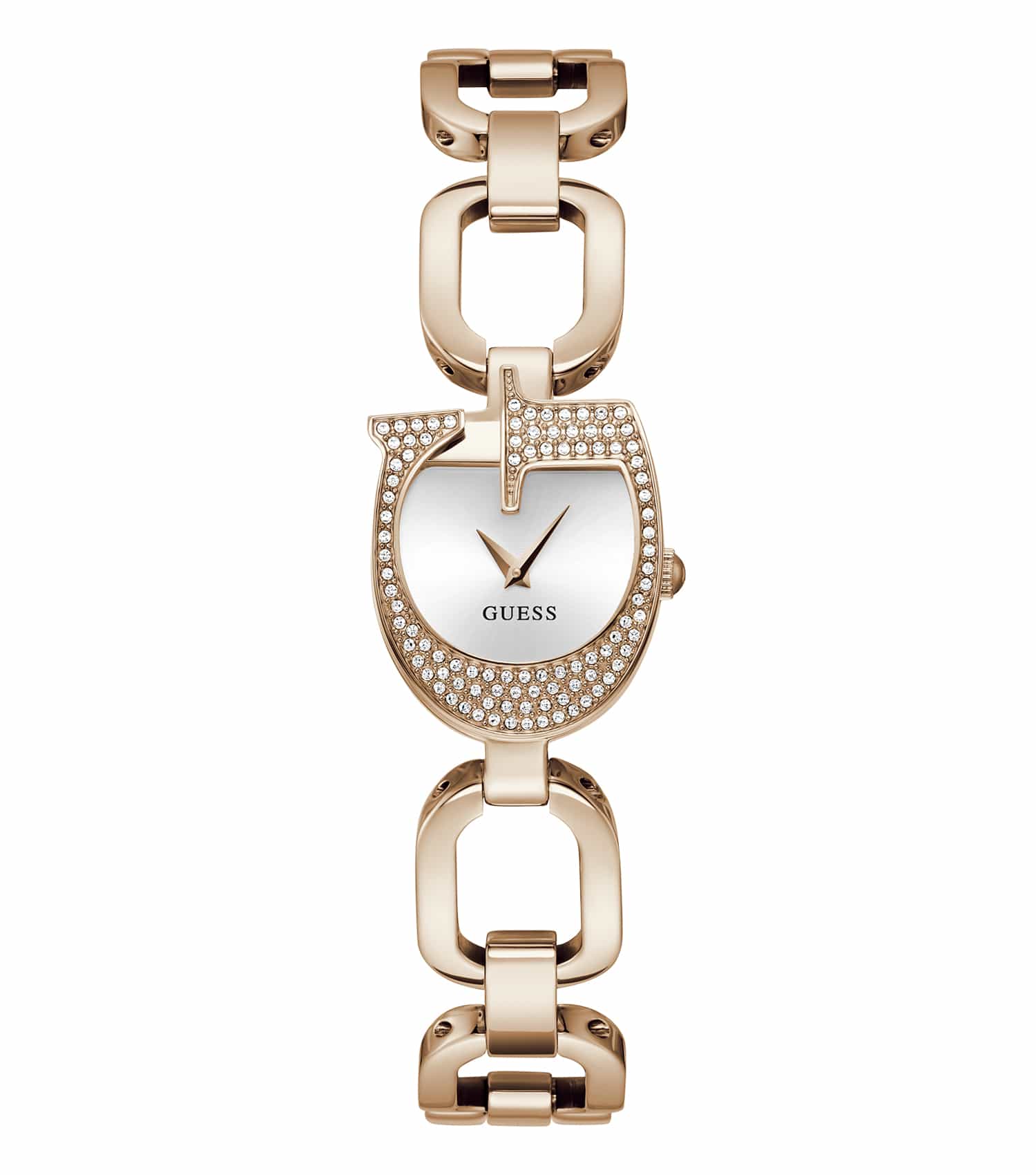 Guess quartz watch in a warm gold hue displayed at a 45-degree angle, showcasing its detailed face and elegant design.
