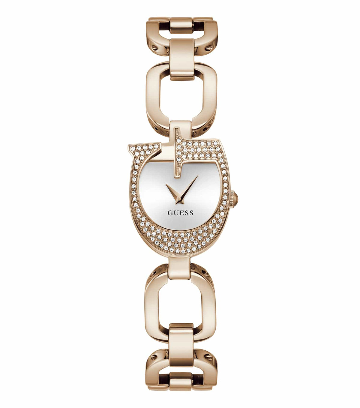 Guess quartz watch in a warm gold hue displayed at a 45-degree angle, showcasing its detailed face and elegant design.
