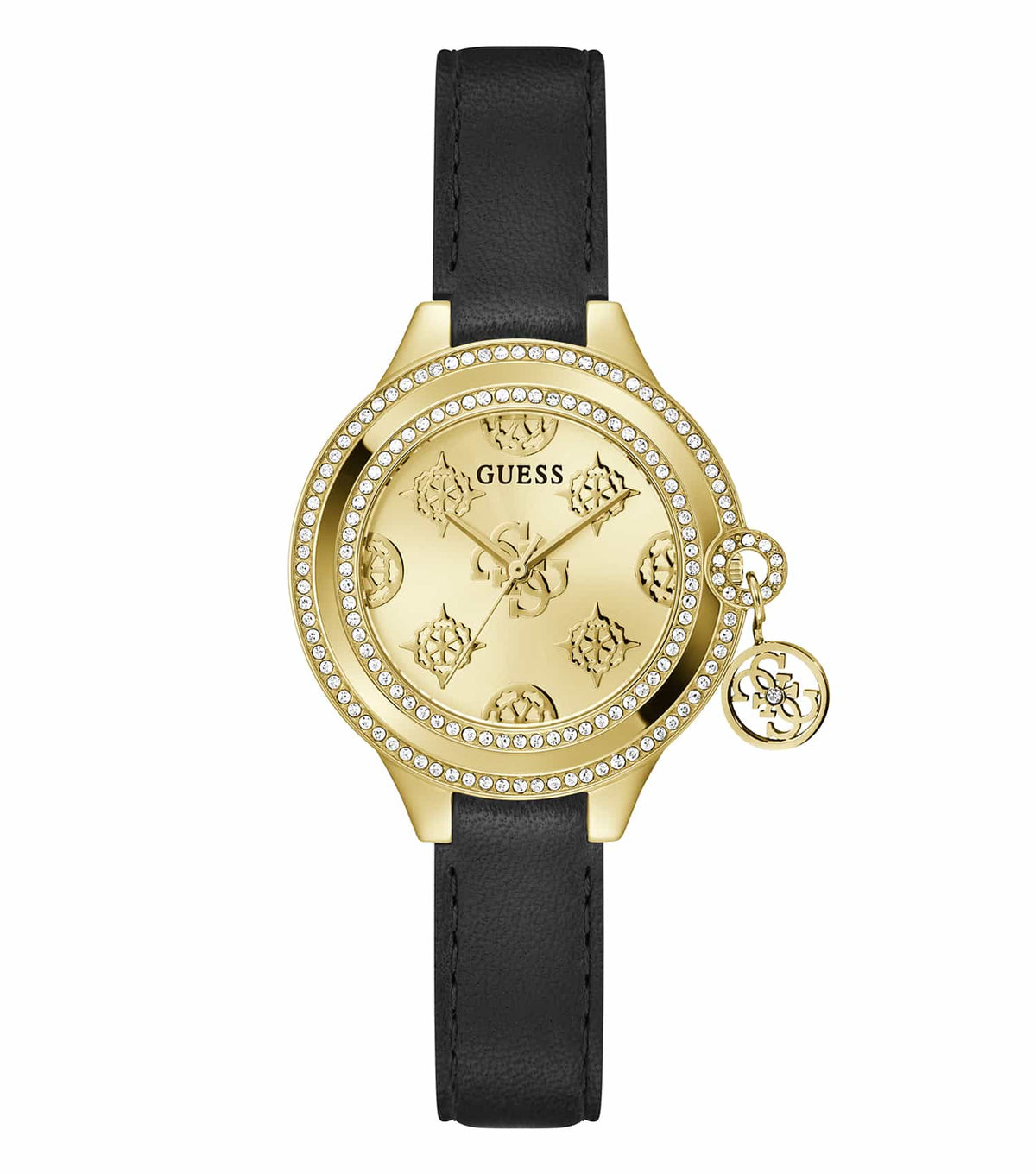 GUESS watch in gold tone: elegant face with logo, white dial, stainless steel bracelet, frontal angle, passion for style and craftsmanship.