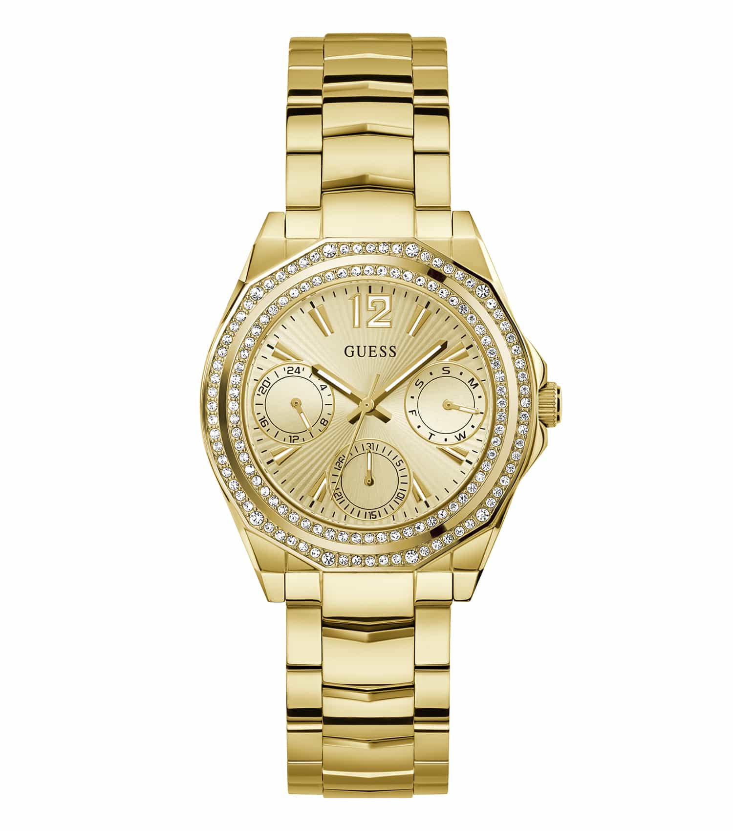 Elegant Guess watch with a sleek gold-tone case, white dial, and crystal accents, captured at a 3/4 angle, showcasing luxury.
