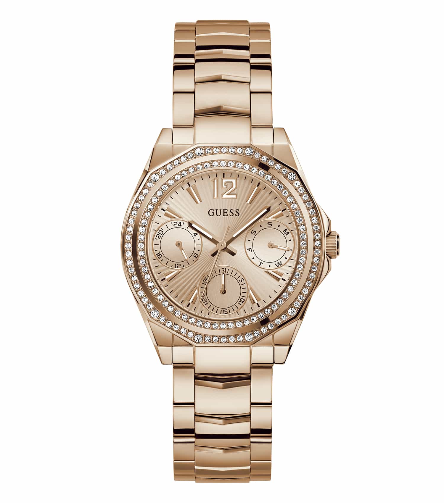 Elegant Guess quartz women's watch with a gold-toned stainless steel bracelet and dial, featured in an angled top-down view.