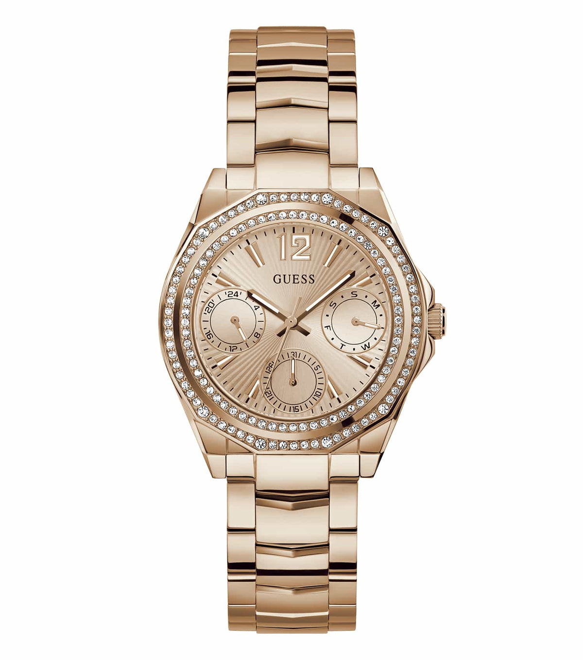 Elegant Guess quartz women's watch with a gold-toned stainless steel bracelet and dial, featured in an angled top-down view.