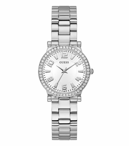 Fawn color Guess watch, GW0686L1 model, close-up angle; silver accents and bezel with stylish, minimalist dial design.