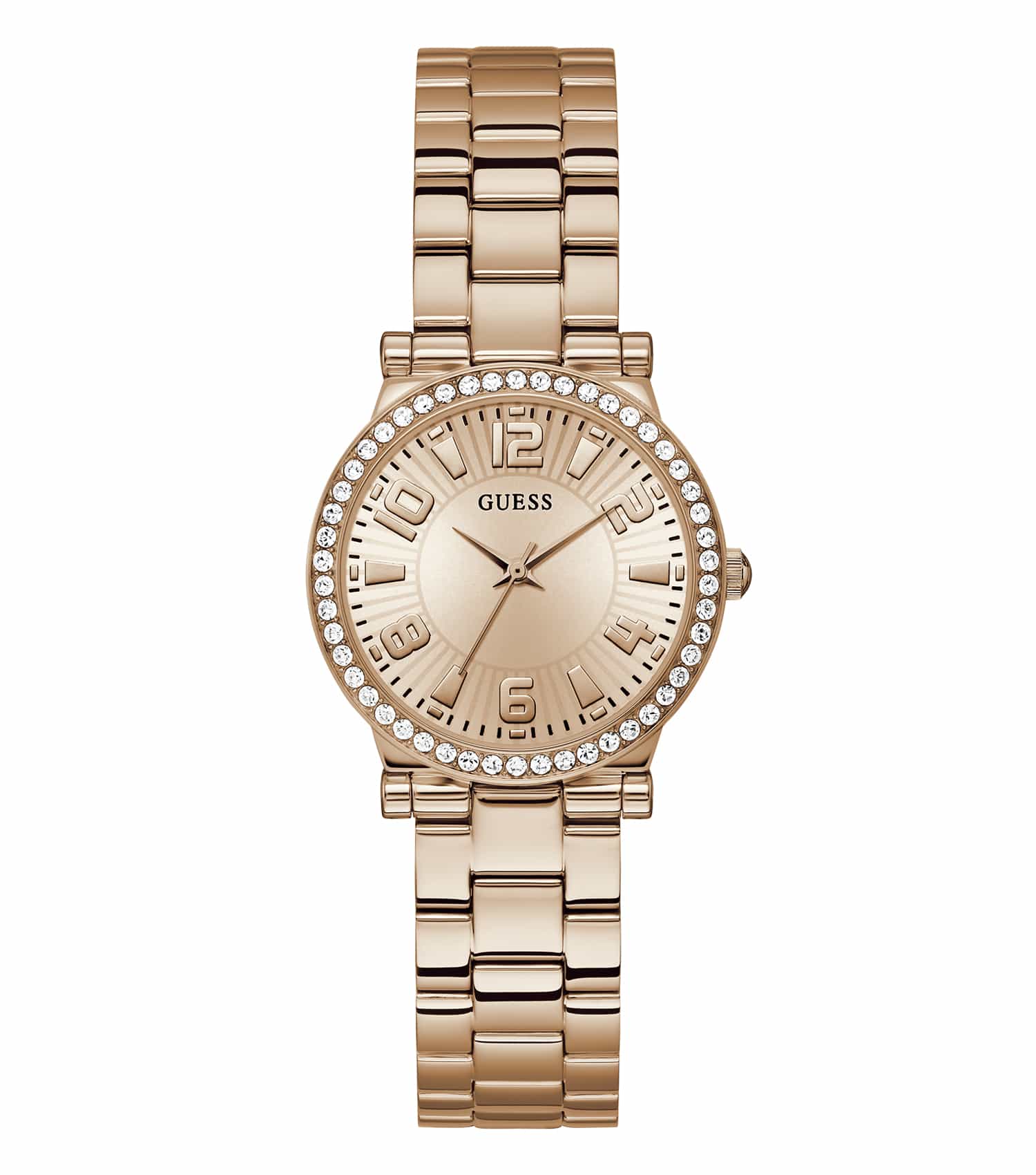 PASSIONATE Guess watch in stunning fawn color with leather strap, showcased at a sleek 45-degree angle for a stylish look