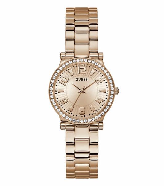 PASSIONATE Guess watch in stunning fawn color with leather strap, showcased at a sleek 45-degree angle for a stylish look