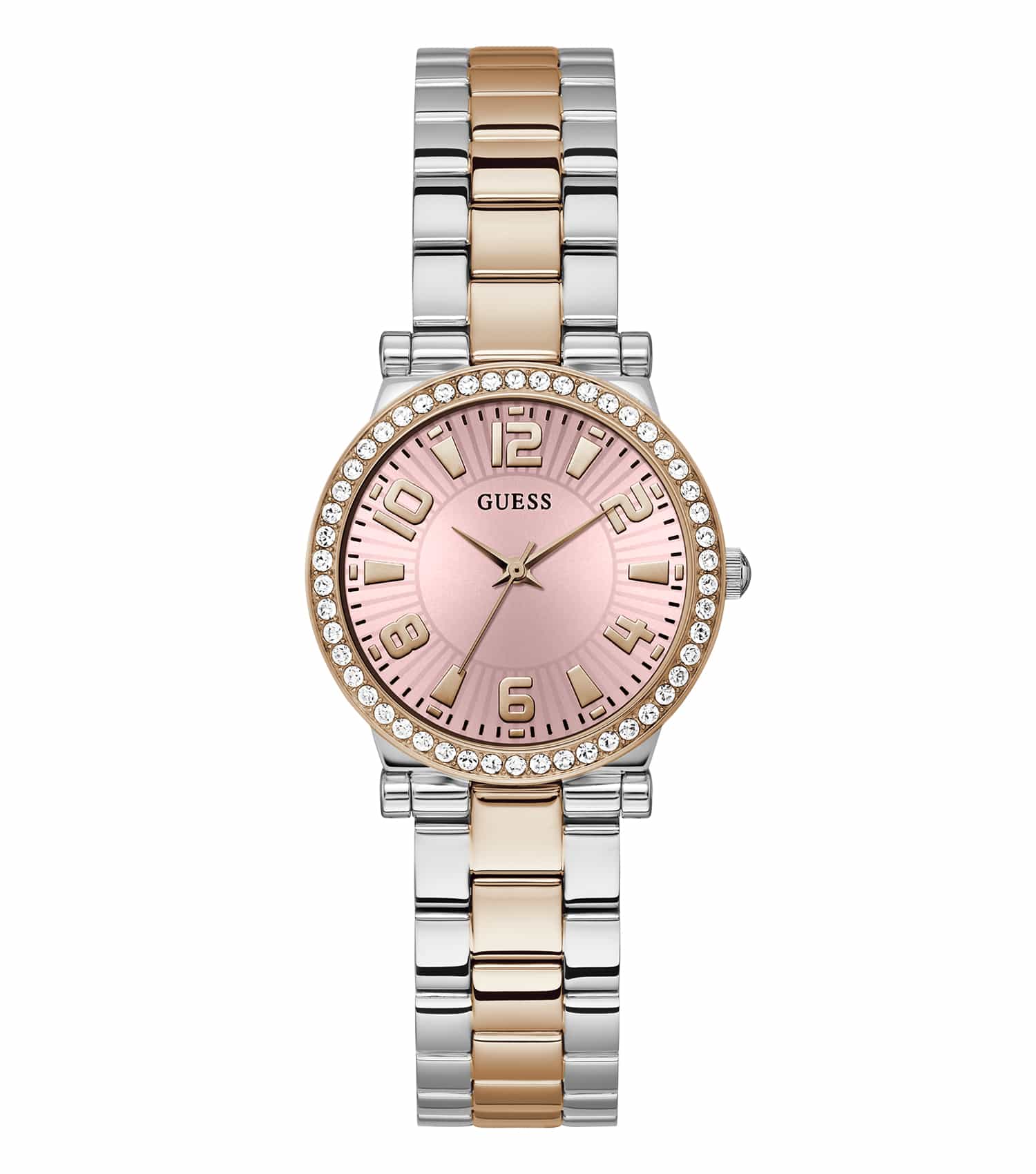 Fawn-colored Guess watch with white dial and gold accents, side profile showcasing elegant design and leather strap