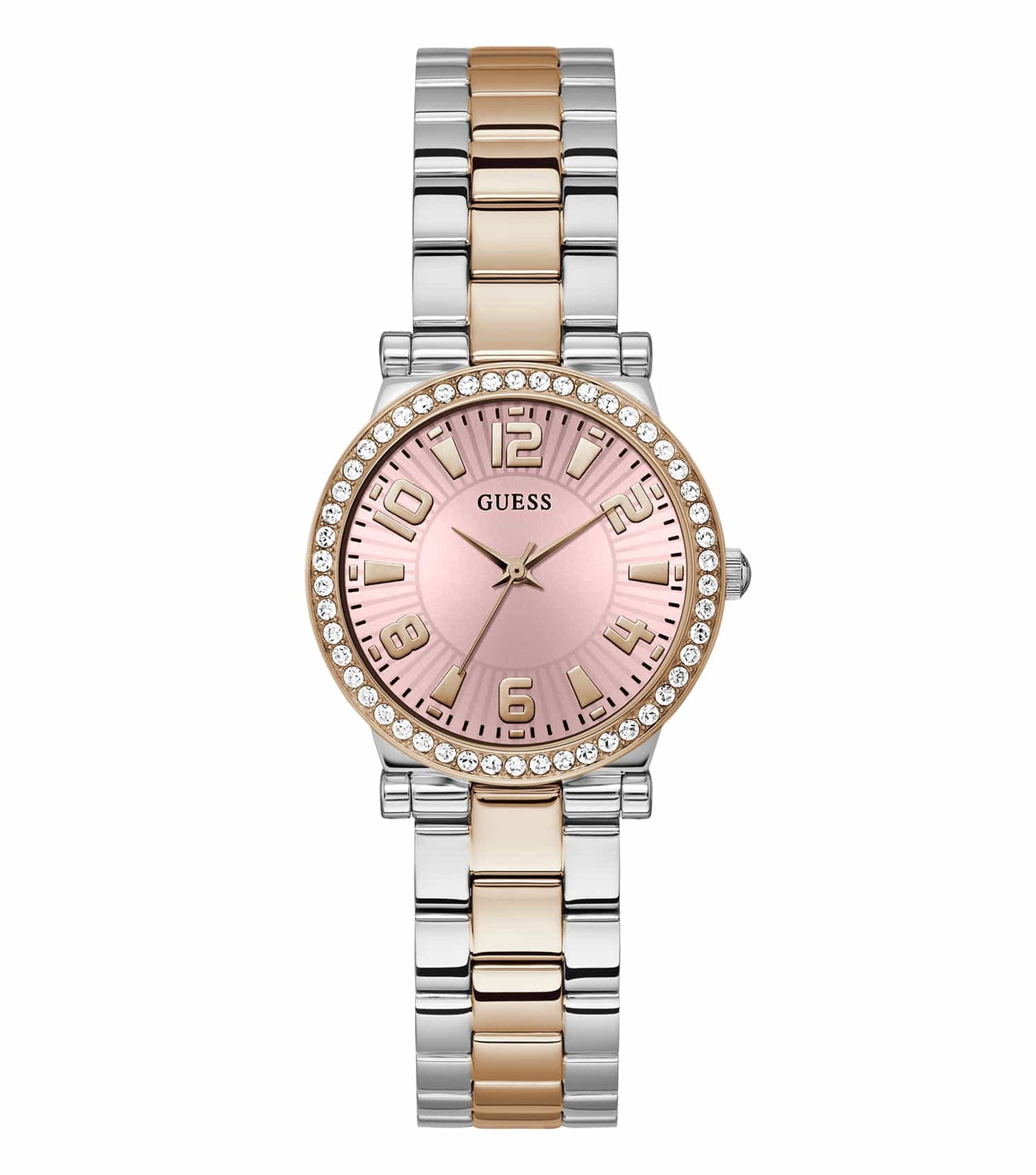 Fawn-colored Guess watch with white dial and gold accents, side profile showcasing elegant design and leather strap