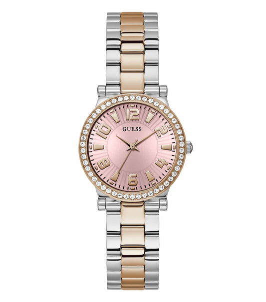 Fawn-colored Guess watch with white dial and gold accents, side profile showcasing elegant design and leather strap