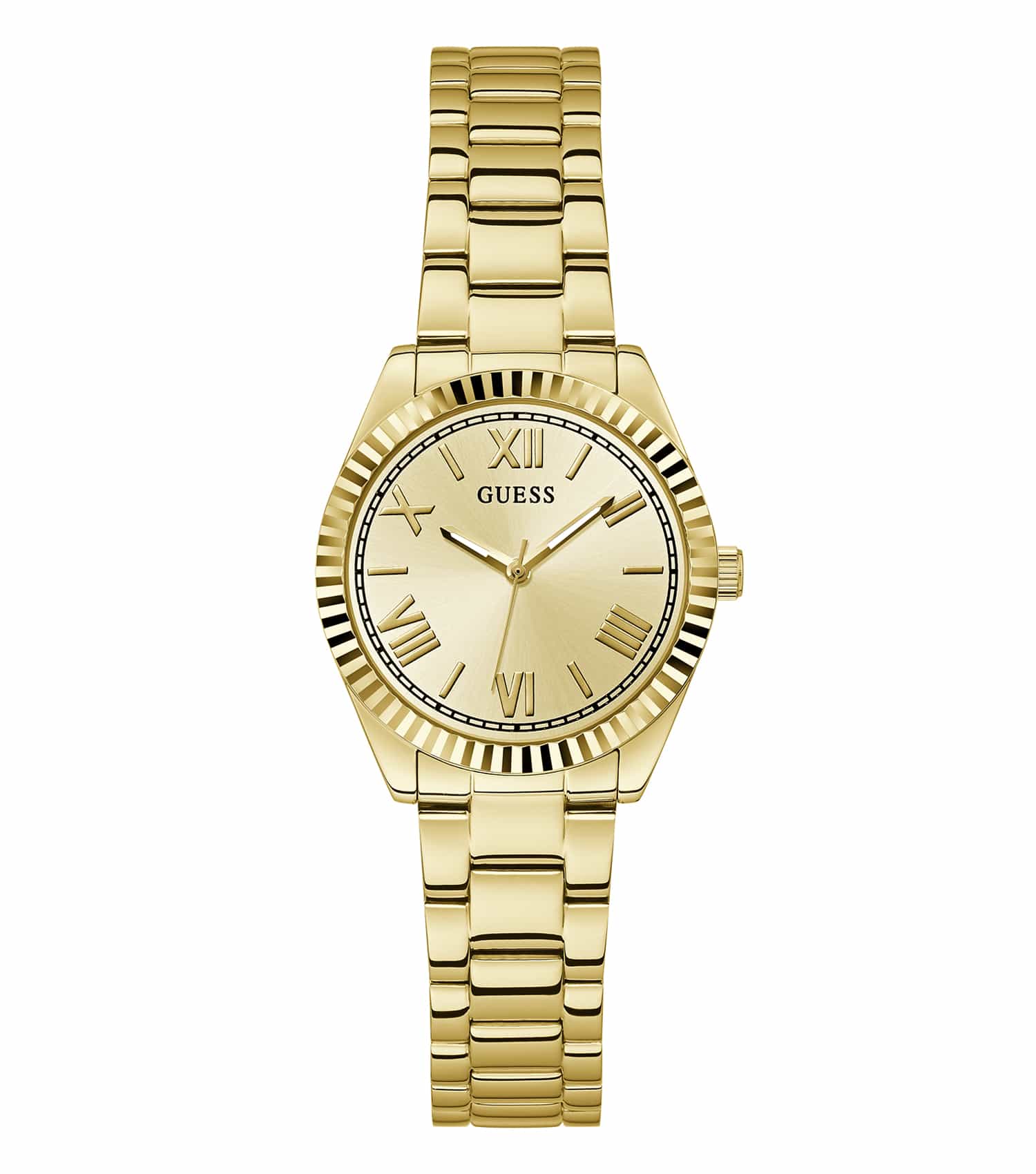 Guess Mini Luna gold watch with elegant round face, stainless steel bracelet, side angle highlighting its sleek design