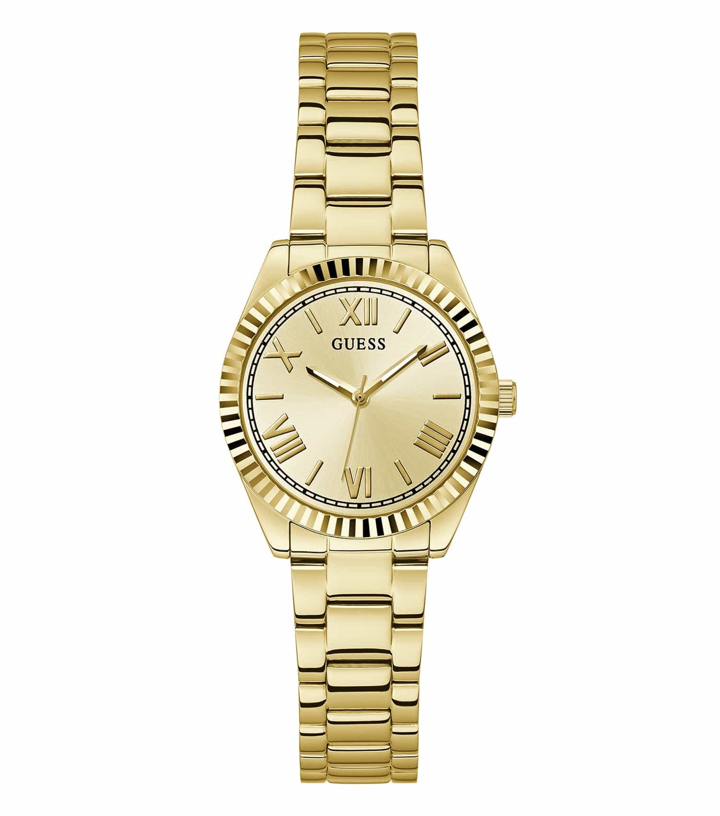 Guess Mini Luna gold watch with elegant round face, stainless steel bracelet, side angle highlighting its sleek design