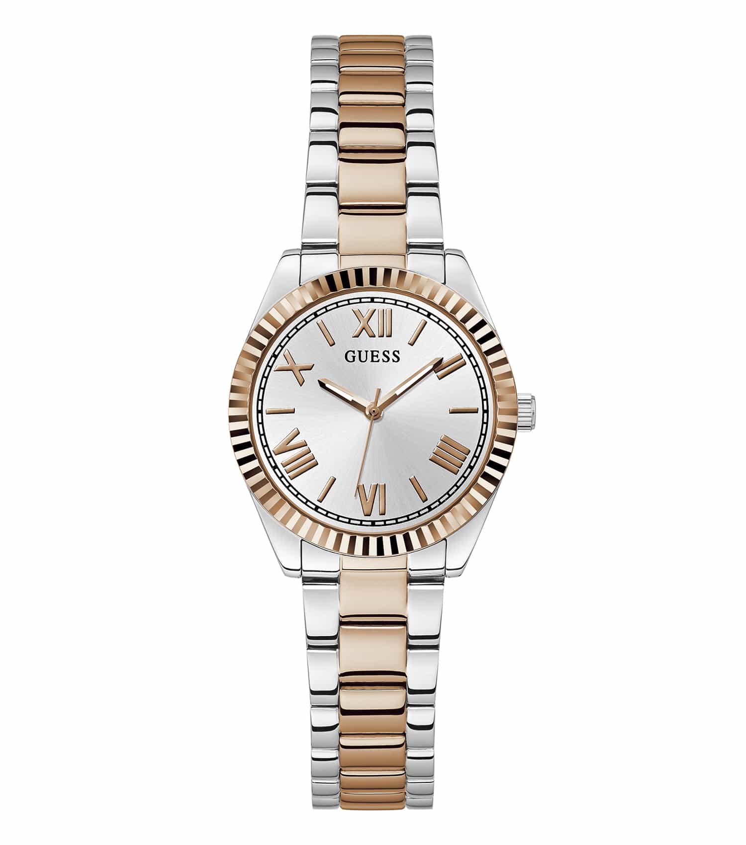 Guess watch in a soft rose gold tone, showcasing a minimalist round face with a tilted angle, exuding elegance and style.