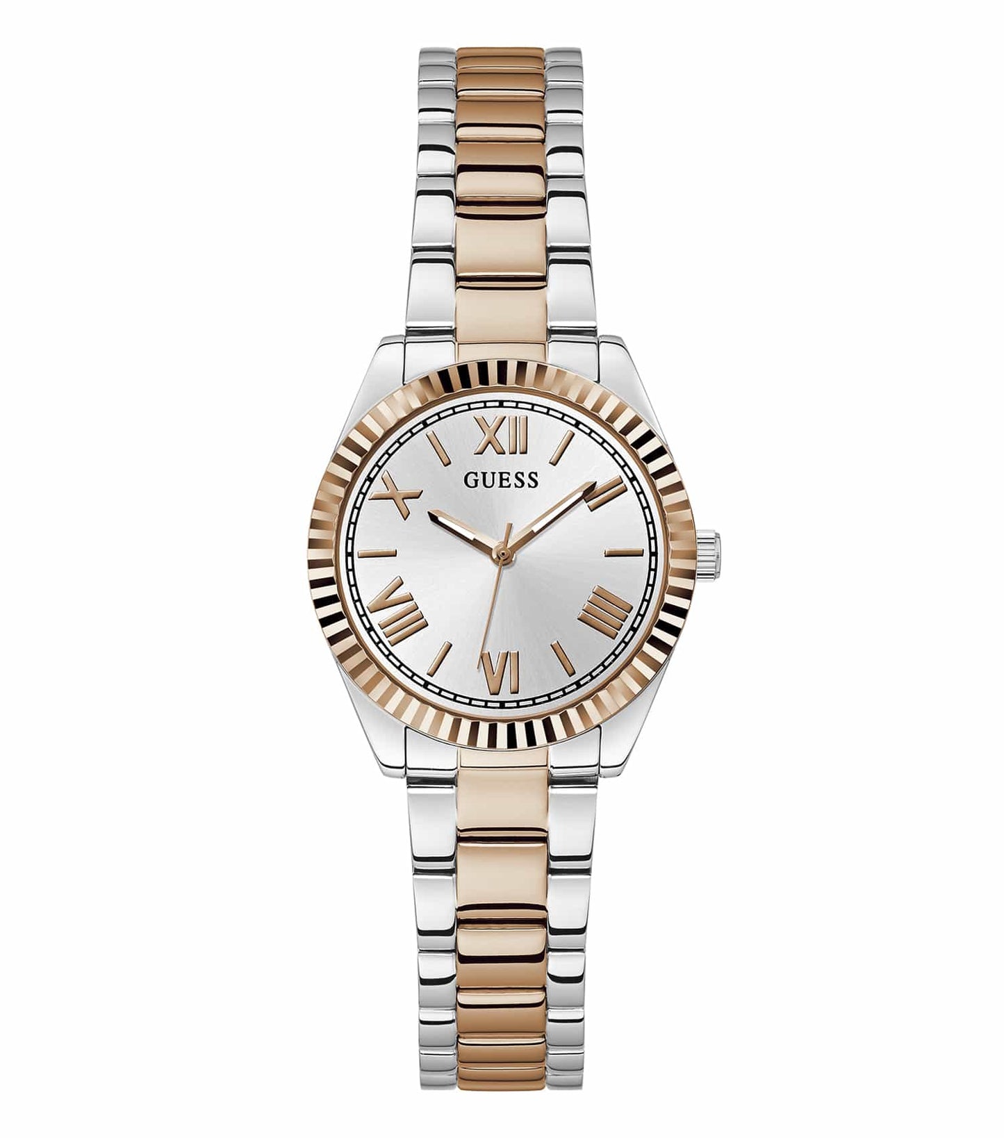 Guess watch in a soft rose gold tone, showcasing a minimalist round face with a tilted angle, exuding elegance and style.