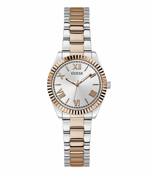 Guess watch in a soft rose gold tone, showcasing a minimalist round face with a tilted angle, exuding elegance and style.