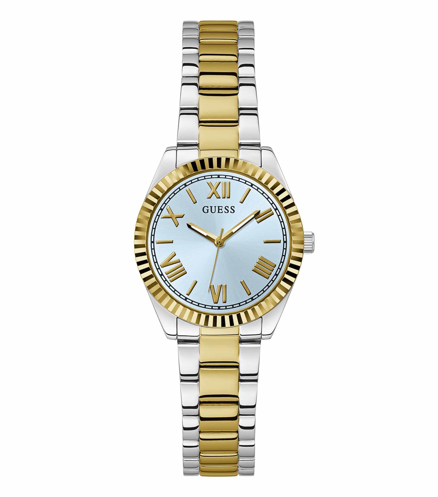 Elegant Guess Mini Luna Watch in a captivating rose gold hue, showcased at a 30-degree angle, exuding sophistication and style.
