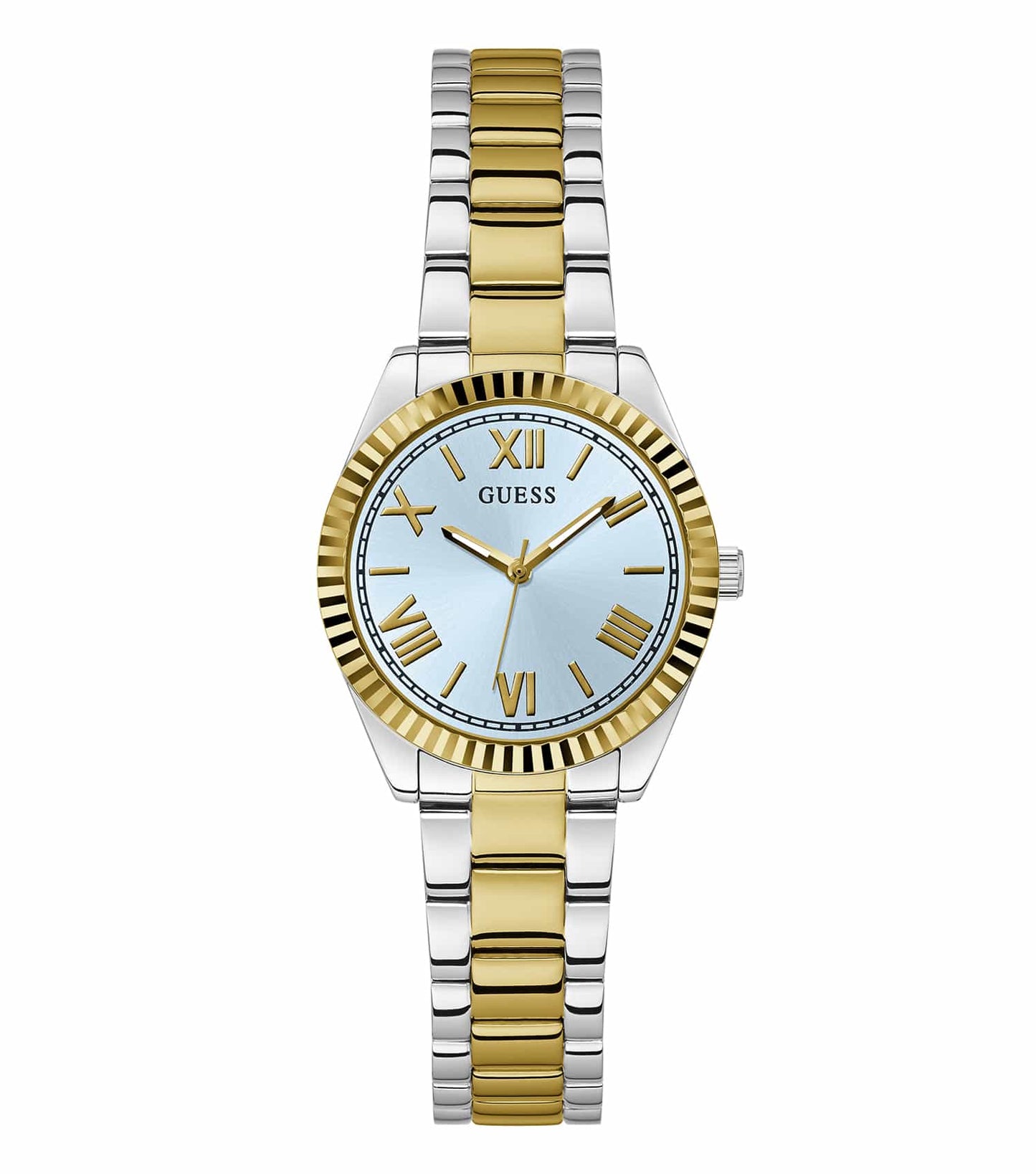 Elegant Guess Mini Luna Watch in a captivating rose gold hue, showcased at a 30-degree angle, exuding sophistication and style.