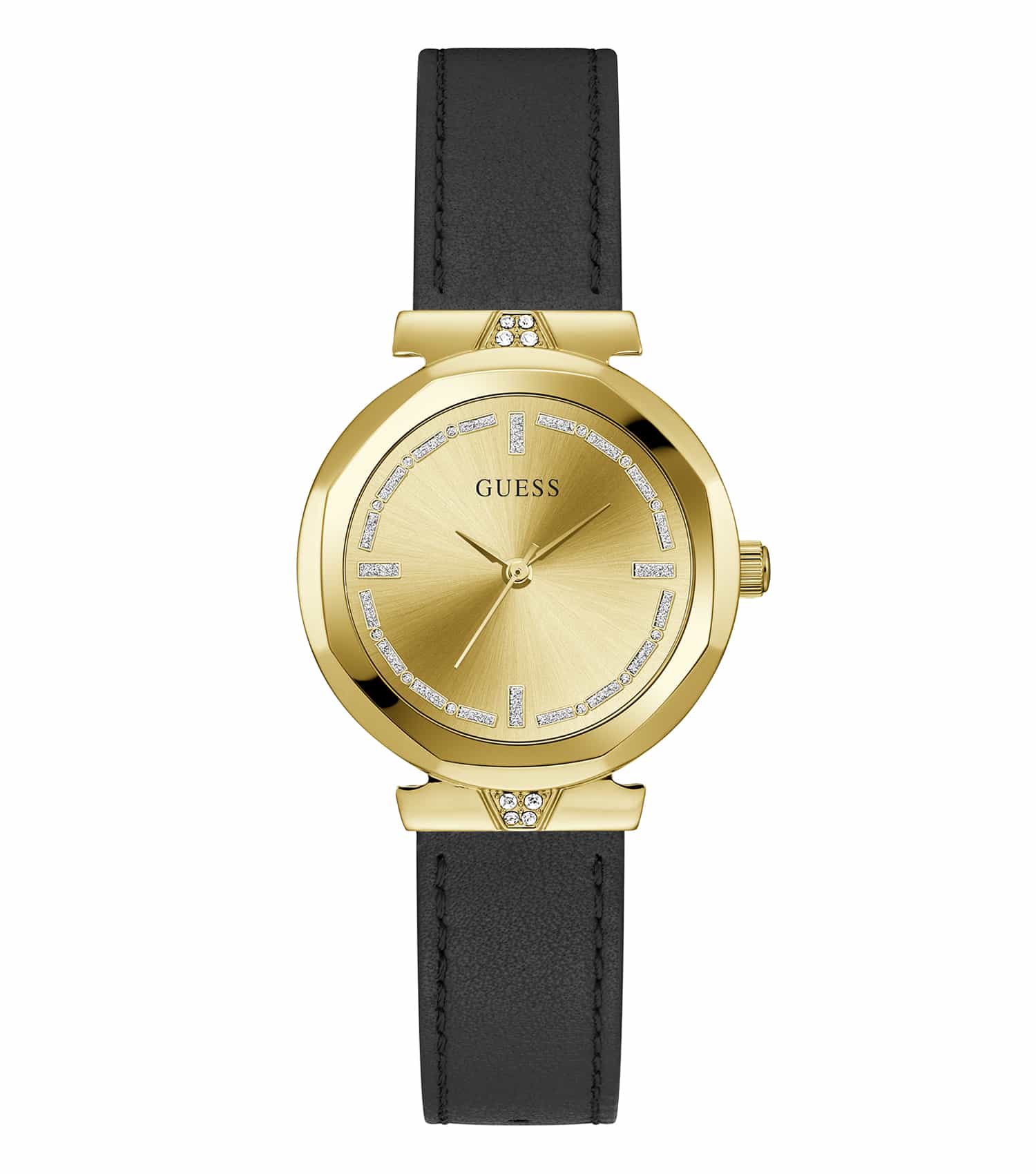  Guess watch featuring a single-tone gold finish, elegantly displayed at a 45-degree angle, capturing luxurious design details.