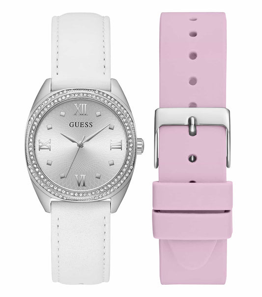 Elegant Guess watch in silver, close-up side view, showcasing sleek stainless steel band, minimalist dial, and single-tone metallic finish.