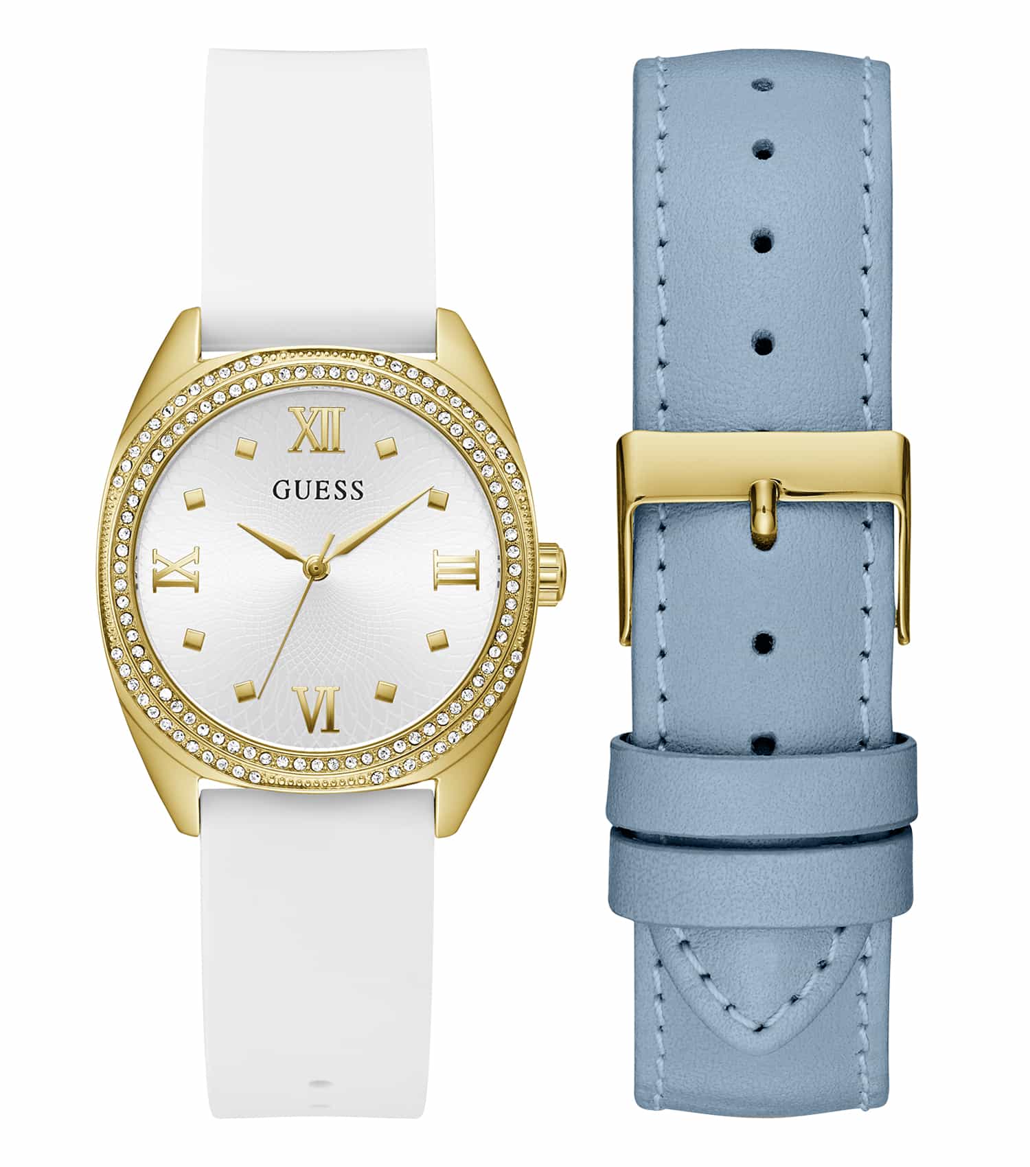 Passionately admire the Guess GW0691L2 quartz color watch, angled at 34 degrees, exuding elegance with its gold accents and minimalistic design.
