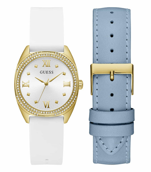 Passionately admire the Guess GW0691L2 quartz color watch, angled at 34 degrees, exuding elegance with its gold accents and minimalistic design.
