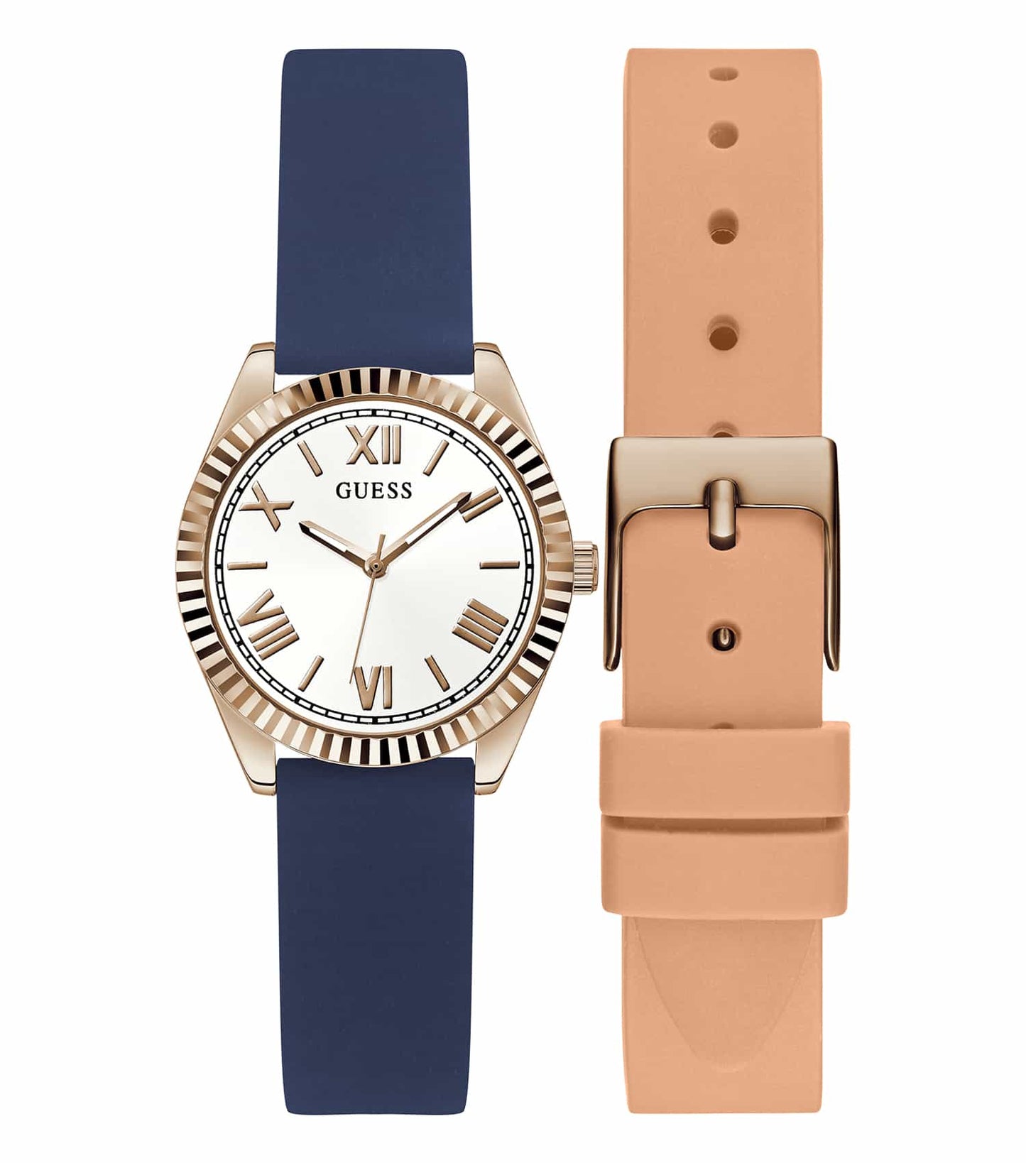  Elegant Guess Mini Luna watch in gold, showcasing a sleek minimalist design at a 45-degree angle, perfect for fashion enthusiasts.