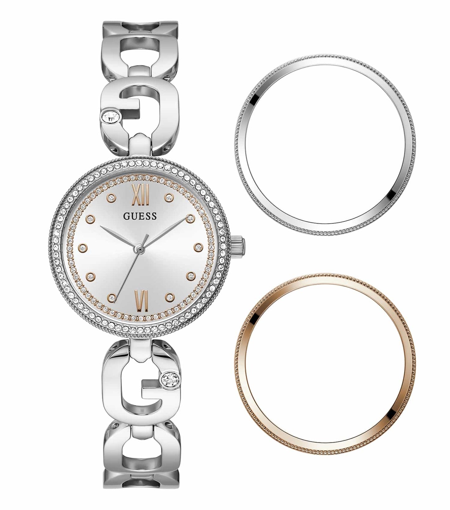 GUESS women's watch, quartz color, side angle view; sleek design with a round silver dial, vibrant yet classy bracelet.