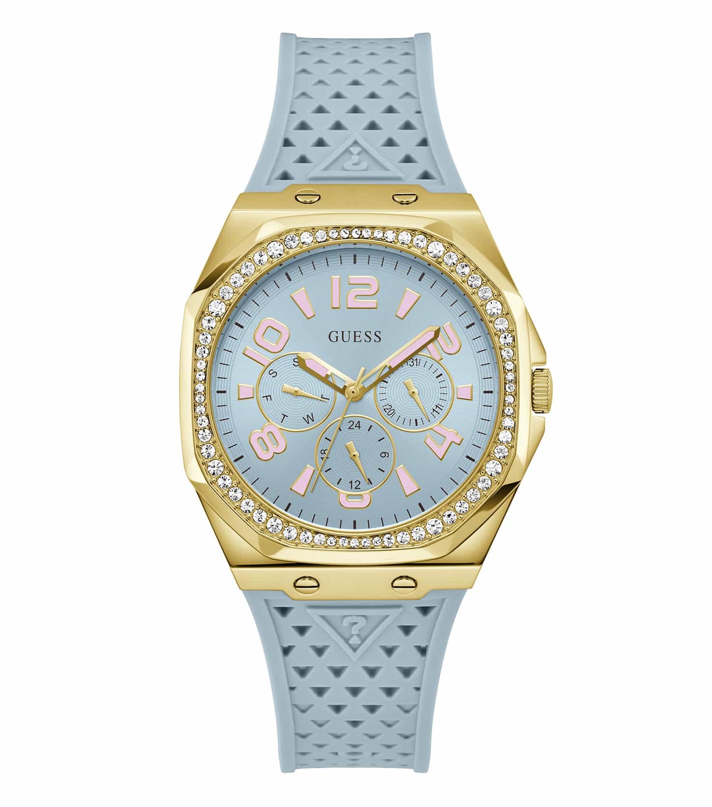 Elegant Guess watch displaying a sleek, silver-tone face, beautifully angled for optimal view, showcasing contemporary style and craftsmanship.
