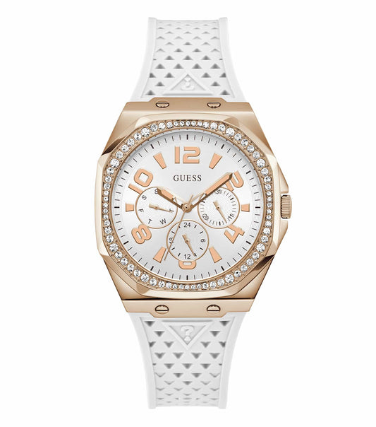 Guess Watch, captivating gold-tone design, angled side view showcasing sleek bracelet and detailed dial, blending elegance and trend.