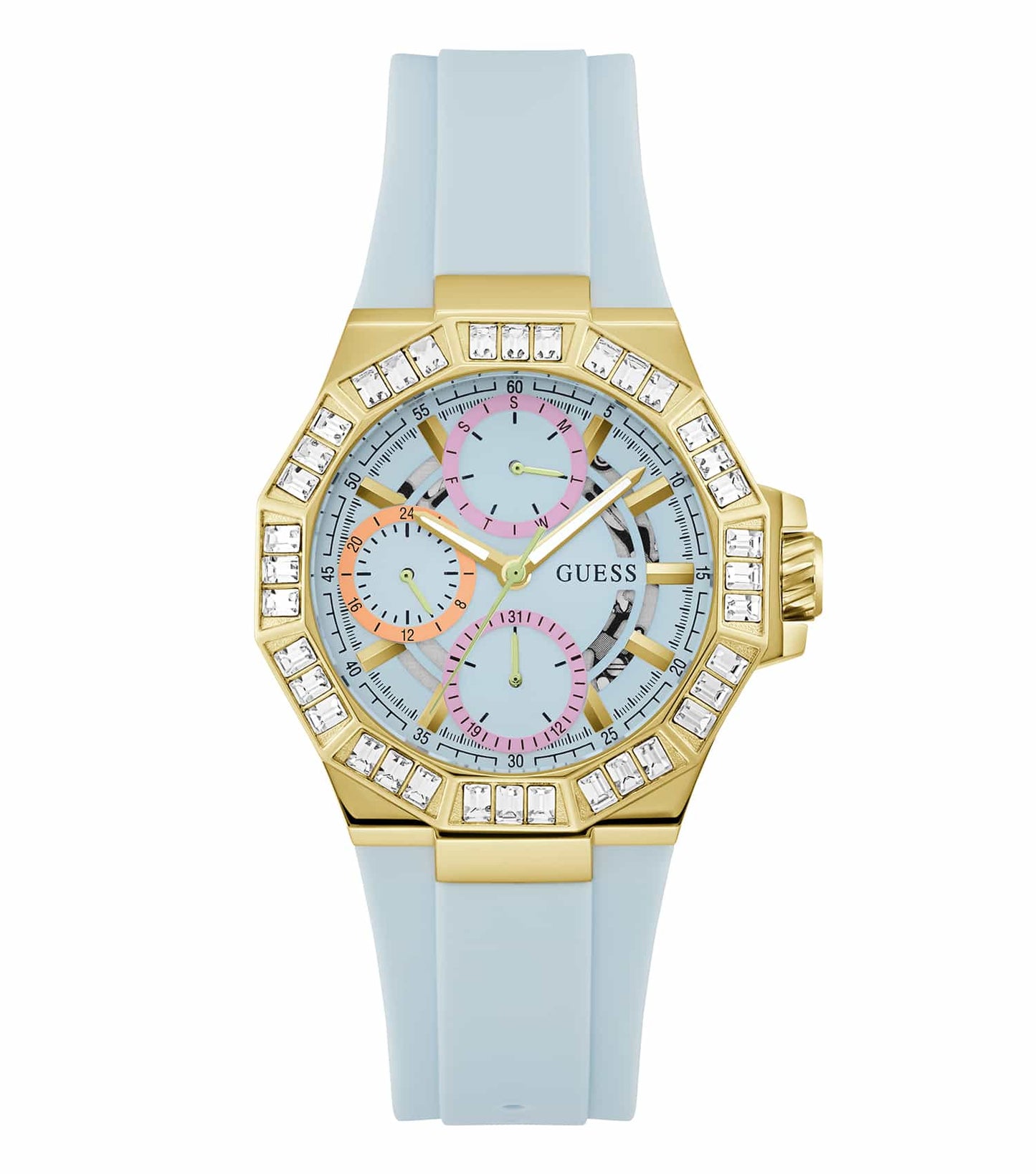 Guess Selene watch in elegant gold with sparkling accents displayed at a slight angle showcasing its stylish round dial.