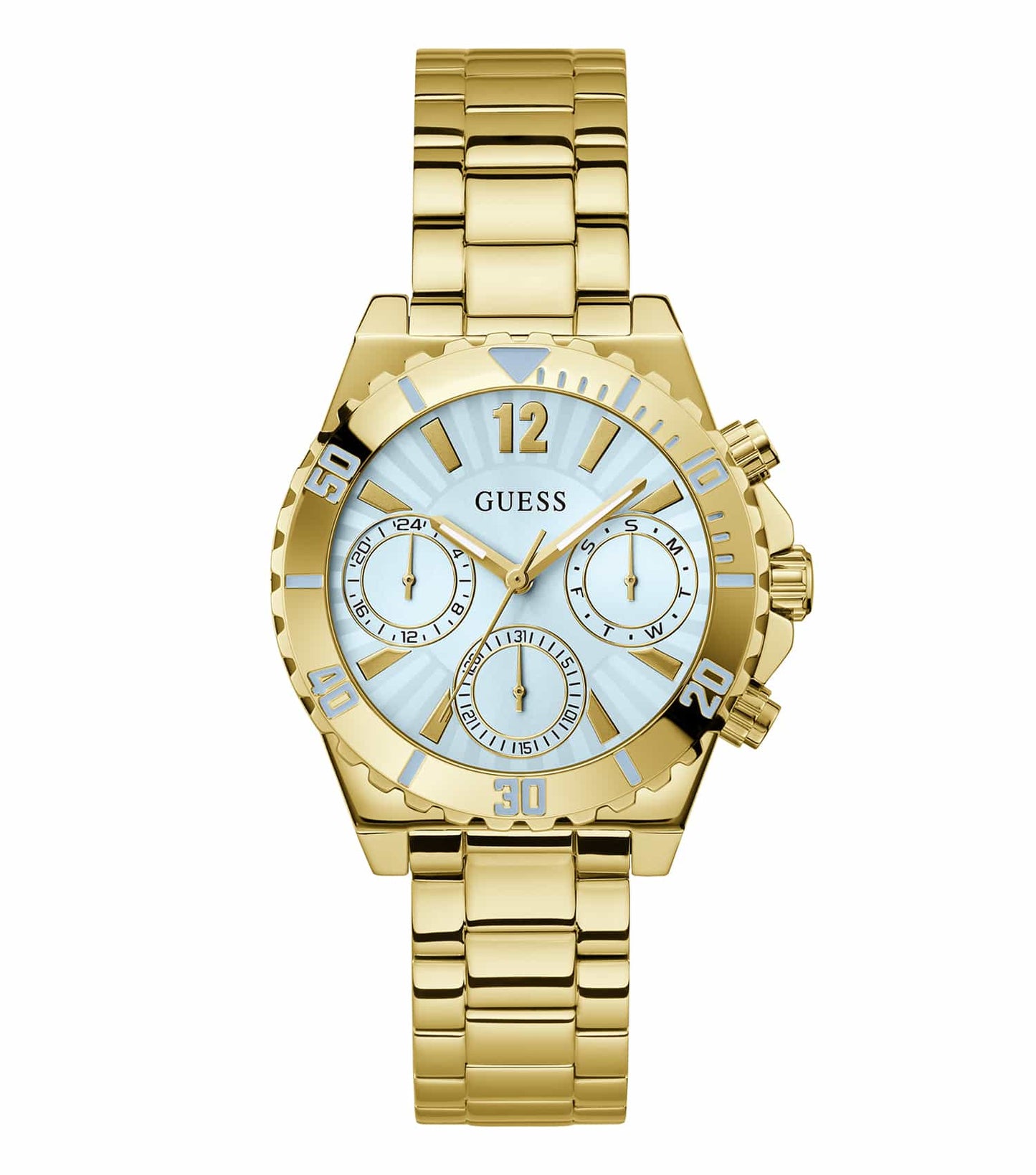 Passionate depiction of a Guess quartz watch in gold, front angle view, showcasing the elegant face and sleek strap design.
