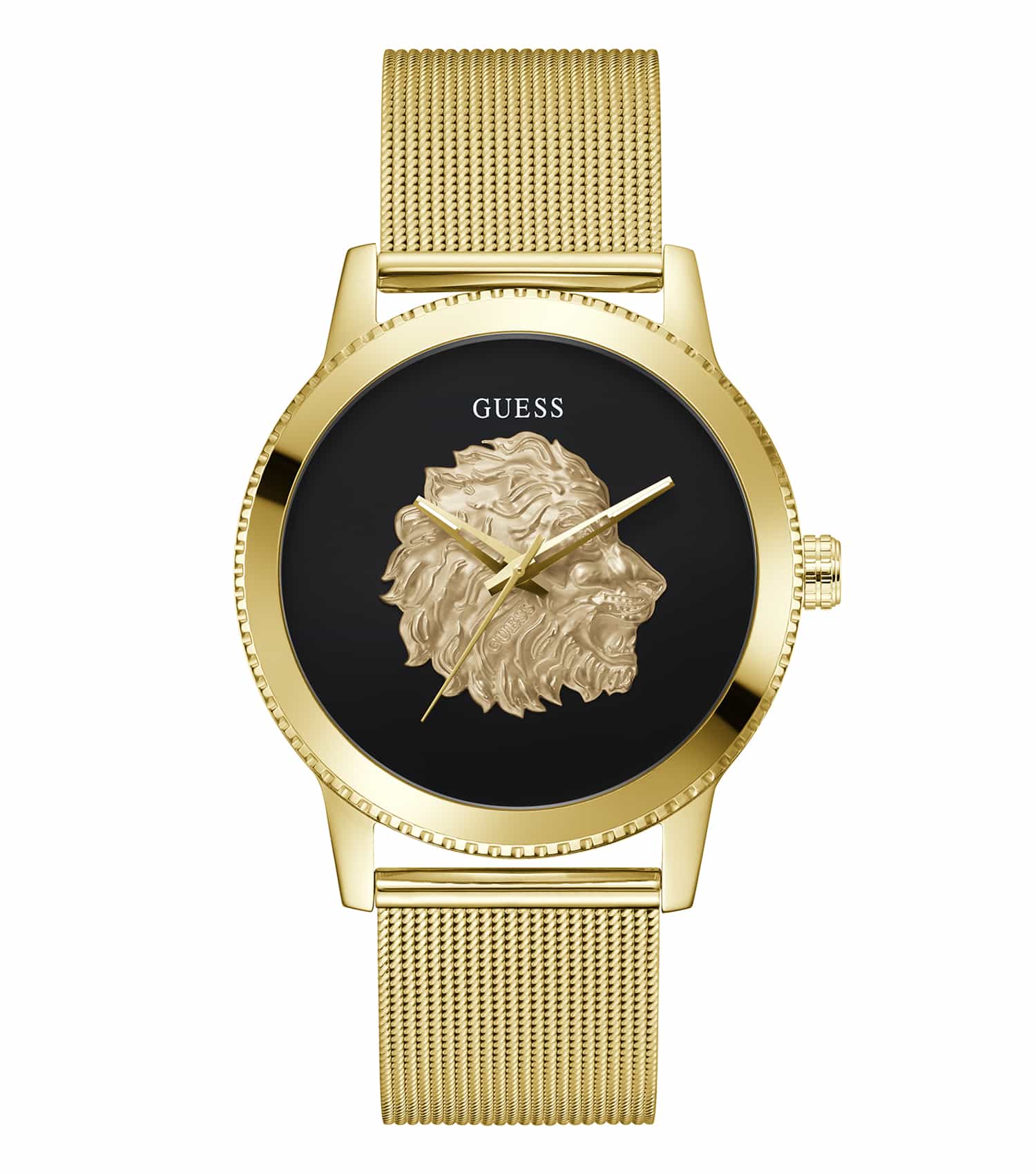Elegant Guess Monarch watch featuring a golden hue, displayed at a three-quarter angle, highlighting its luxurious wristwear design.