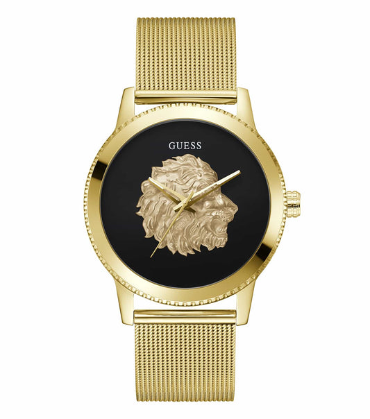 Elegant Guess Monarch watch featuring a golden hue, displayed at a three-quarter angle, highlighting its luxurious wristwear design.