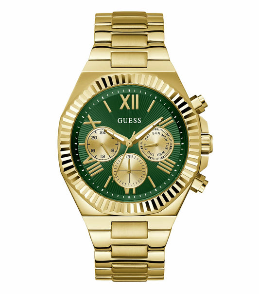 Guess Equity Quartz watch in bronze color, featuring a round face and Roman numerals, elegantly angled showcasing its sleek design.