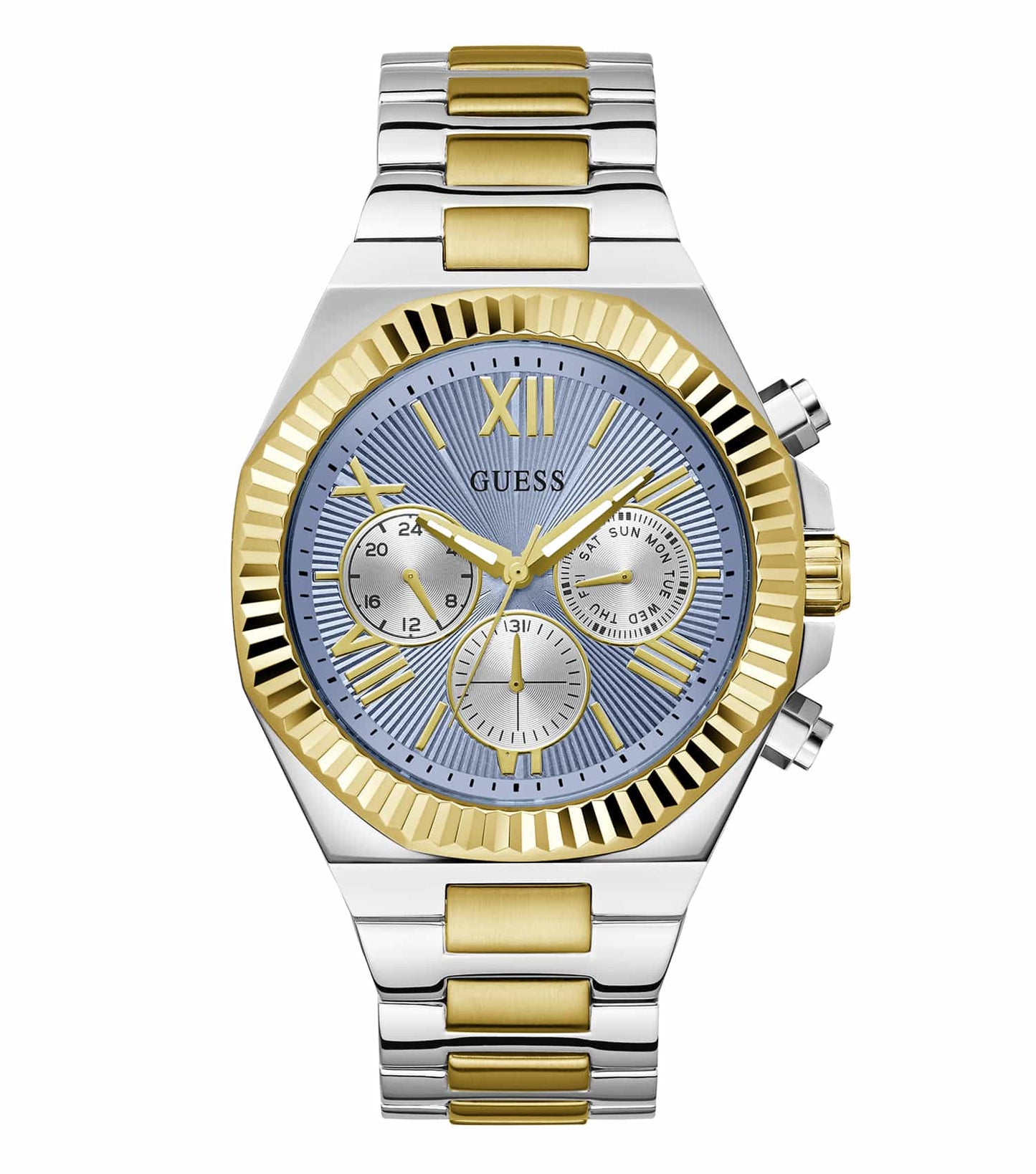 Guess watch in classic blue color at a dynamic three-quarter angle showcasing a sophisticated dial with a sleek stainless steel strap.