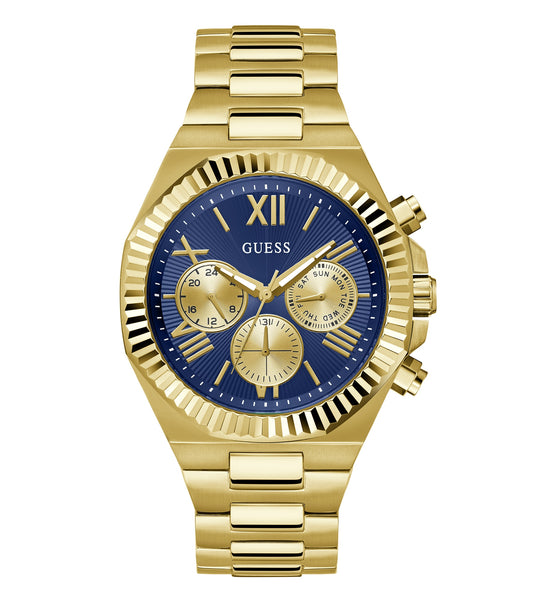 Guess Quartz watch front view, elegant design with gold-tone stainless steel case and bracelet, showcasing luxurious craftsmanship