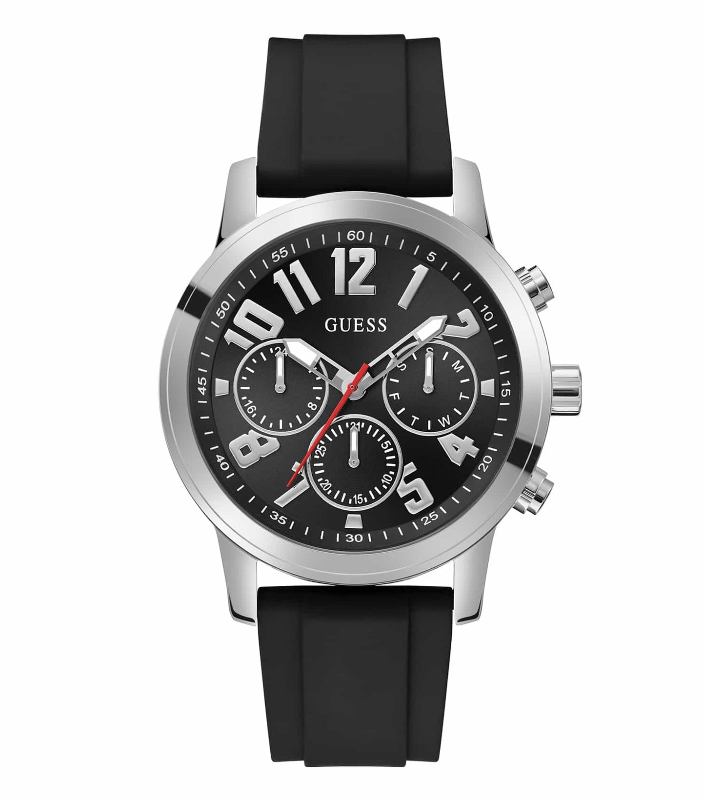 Guess watch in sleek black with stainless steel bracelet, bold dial at a slight angle to showcase the modern design.